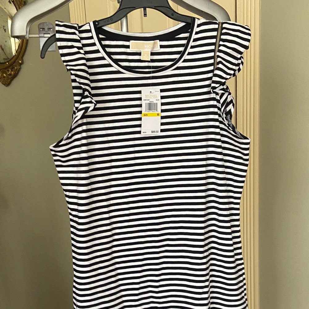 Michael Kors Striped Ruffle Sleeve Tank Dress Black & White Size M